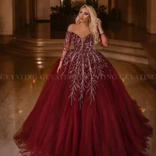 Элегантное бордовое бальное платье с открытыми плечами, вечернее платье в арабском Дубае, элегантное женское платье с длинными рукавами, большие размеры, вечерние платья