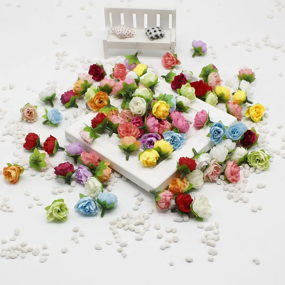 

10 pcs/lot 2cm Artificial flowers silk flower small tea roses bud handmade flowers diy head garlands for wedding home decorati