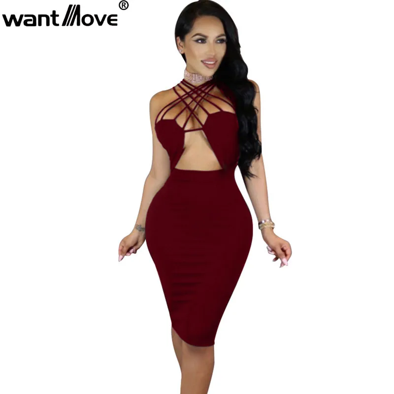 

Wantmove Sexy Club Lace Up Hollow Out Dress 2018 Summer New fashion Vestidos Women Sleeveless Party Elegant bodycon Dress JZ015