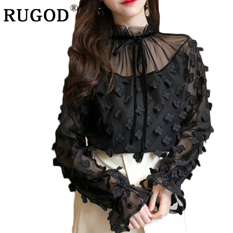 RUGOD Fashion Solid Appliques Mesh Women'S Blouses Bow Stand Collar