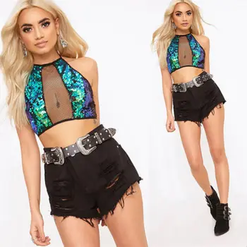 

Summer Sequined Shirt Women Sleeveless Sequins Crop Top Bustier Tank Vest