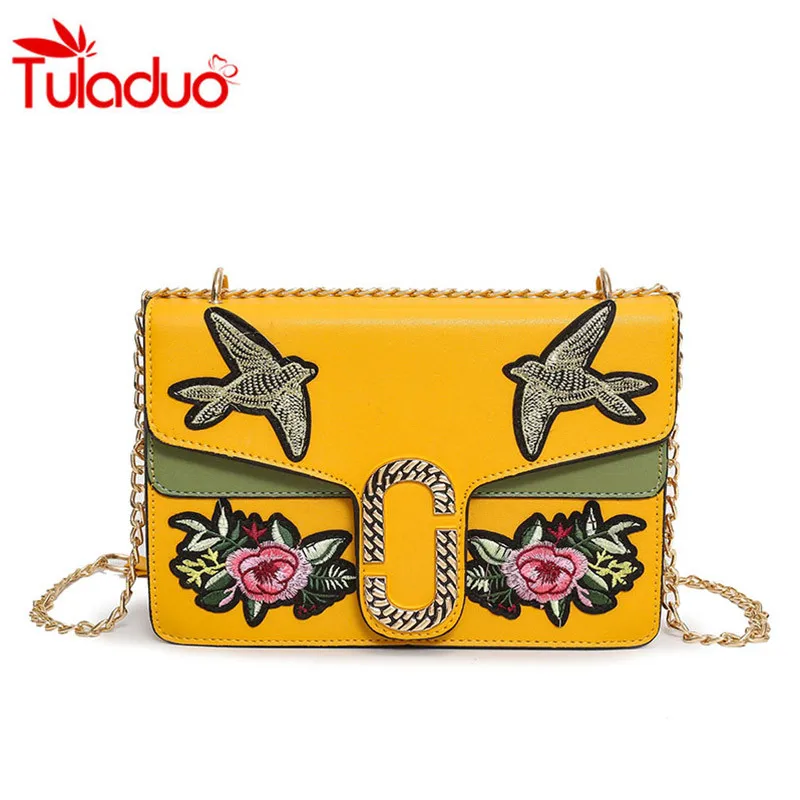 

Fashion Chains Women's Leather Messenger Bag Embroidery Animal And Plant Handbags Ladies Crossbody Bags Ladies Shoulder Bags Sac