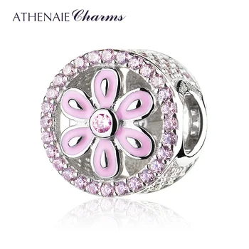 

ATHENAIE 925 Sterling Silver Pave Pink CZ Floral Daisy Bead Charms Fit Bracelet/Pendant Necklace DIY Jewelry Making