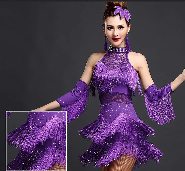 Латинский Танцевальный костюм s Женская одежда для латиноамериканских танцев Танцевальный костюм платья танцевальный зал состязание платья Танго взрослых fringe с золотыми блестками