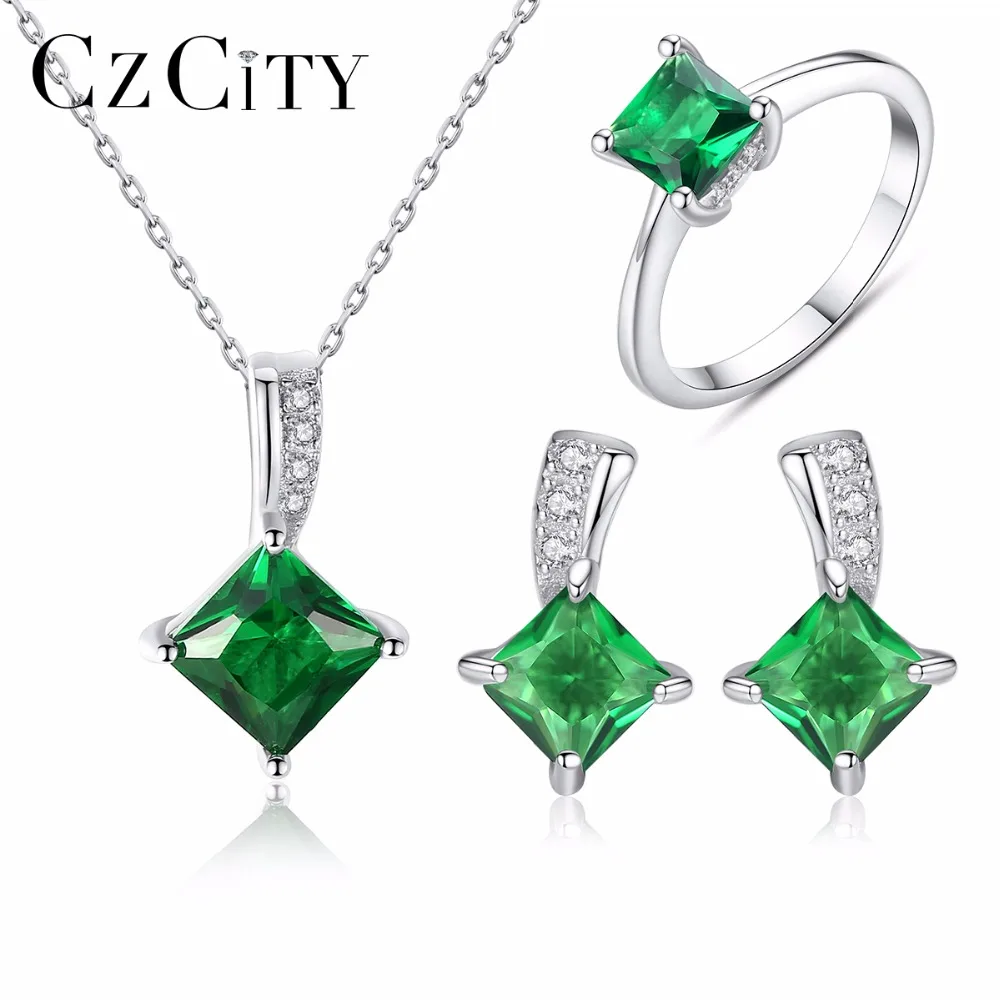 

CZCITY 925 Sterling Silver Jewelry Set Sparkling Green CZ Crystal Jewelry Sets Wedding Engagement Jewelry Valentine's Day
