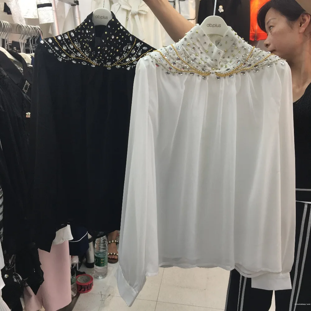 

women bling bling hand made beading diomend collar double chiffon blouse high quality loose long sleeve female spring clothing