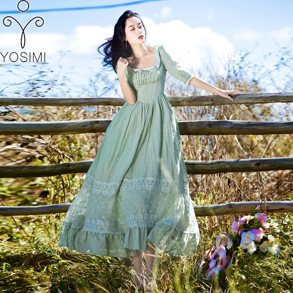 YOSIMI летнее винтажное хлопковое и кружевное длинное женское платье, туника, шикарный стиль, зеленое женское платье до середины икры, вечернее платье