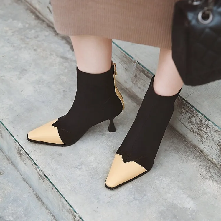 

Big Size 11 12 13 14 15 Suede, small square head, slim high heel zipper, color matching short-barrel fashion boots