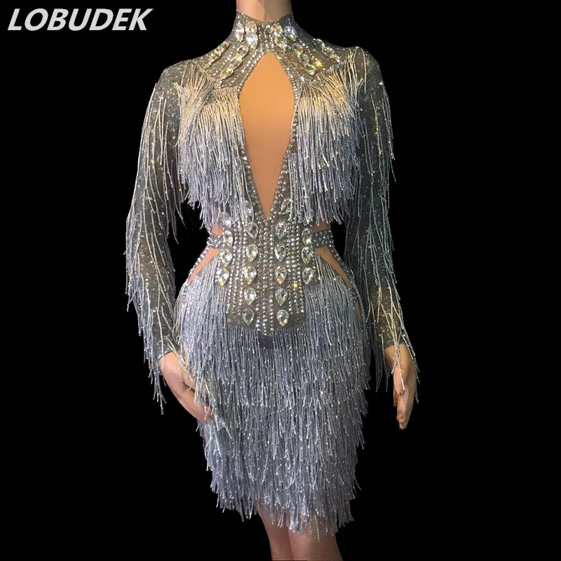 

Bling Rhinestones Silvery Tassels Dress Sexy Skinny Glass Diamond Short Dress Women Singer Party Stage Wear Celebration Dresses