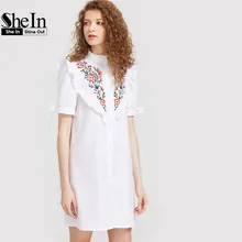 SheIn Ladies Summer Dress 2017 White Short Sleeve Cute A-Line Dress Frill Yoke Tie Sleeve Embroidered Shirt Dress