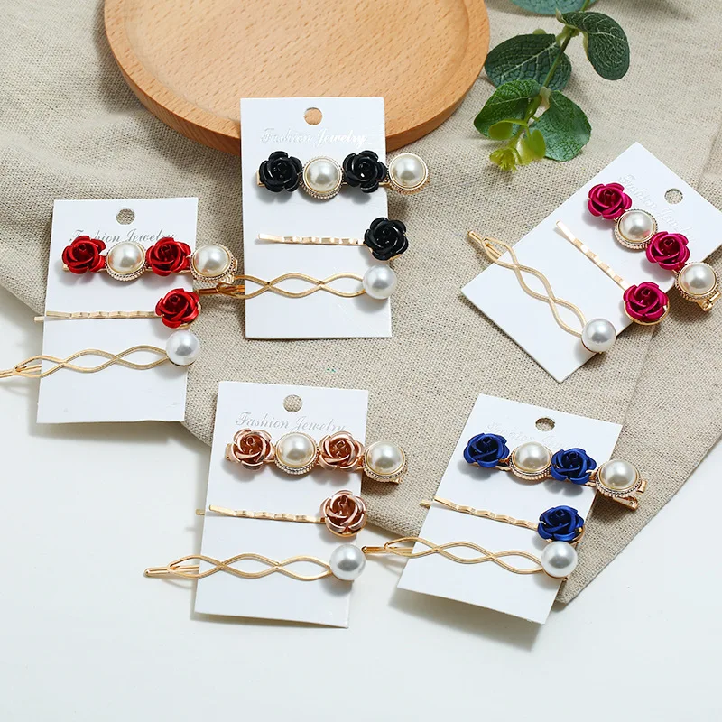 

3pcs/Set French Girl Hairpin Combination Retro Pearl Flower Bangs Barrette Net Red Edge Clip Card Hair Accessories Dropship 2019