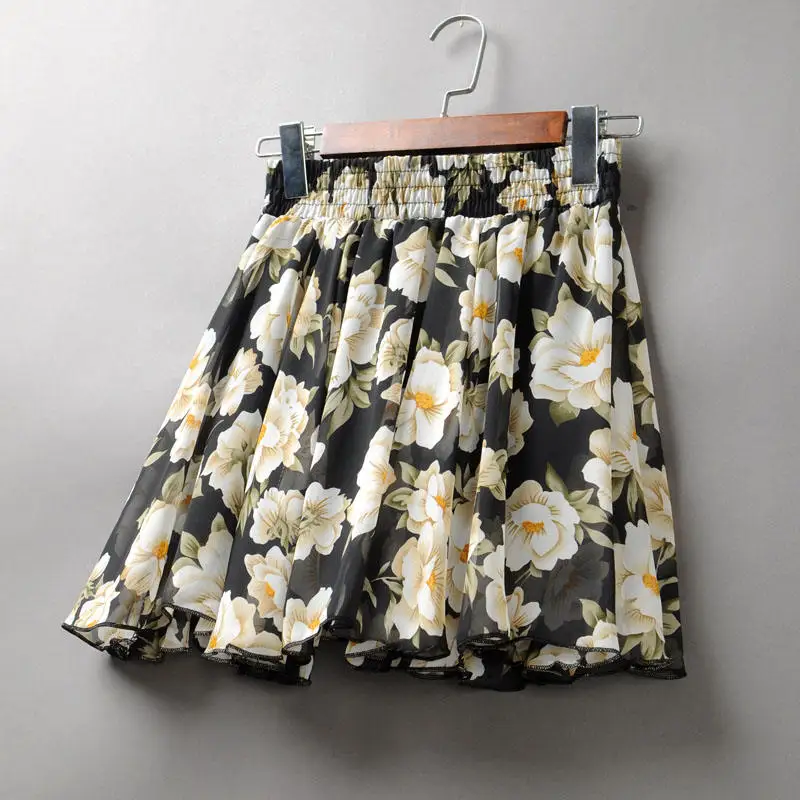 

New Women Summer Mini Skirt Jupe Femme Floral Pleated Skirt Boho Beach High Waist Chiffon Skirt Ladies Short Sexy Skirts C5346