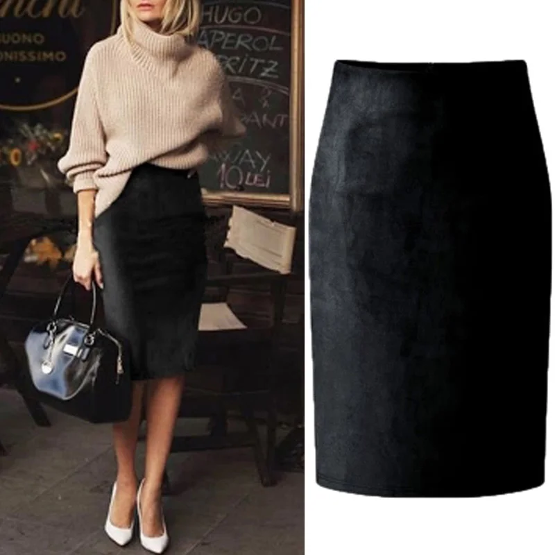 

Women 2019 Fashion Elastic High Waist Office Lady Bodycon Skirts Saias Sexy Multi Color Suede Midi Pencil Skirt