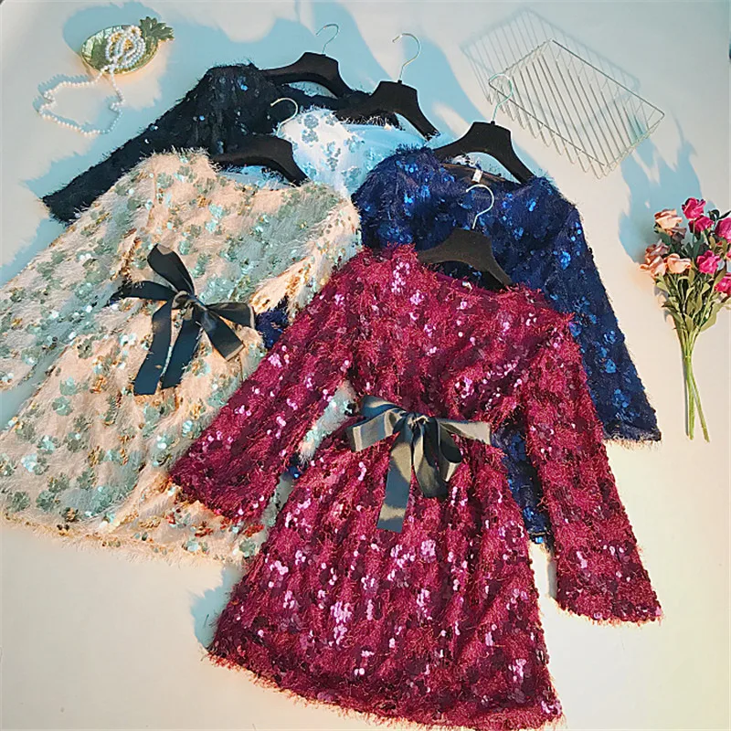 

Autumn Winter Women Long Sleeve Dresses Sashes Tie Bow Fur Tassel Dress Female Sexy Club Sequined Dress Mini Dress Vestidos 1277