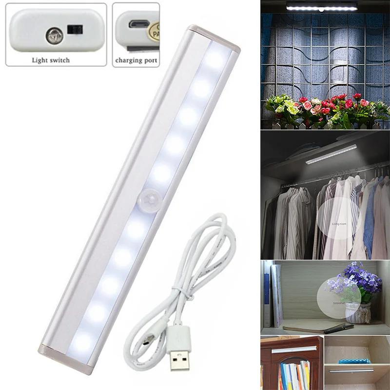 

10 LED Charging Cabinet Lights Motion Sensor Night Light with Magnetic Strip WWO66