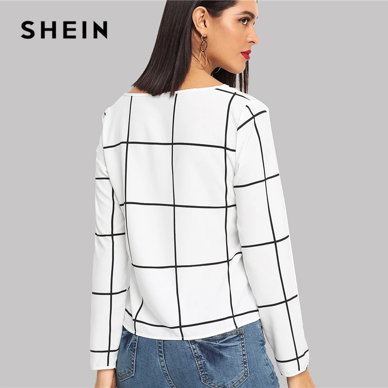 SHEIN Black And White Office Lady Elegant Button Front V-Neck Long Sleeve Plaid Blouse Autumn Workwear Women Tops And Blouses