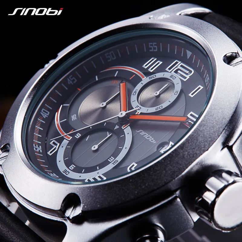 

SINOBI 2019 Brand Sport Men Watch Luxury Male Leather Waterproof Chronograph Quartz Clock Military Wrist Watch Men Clock Saat