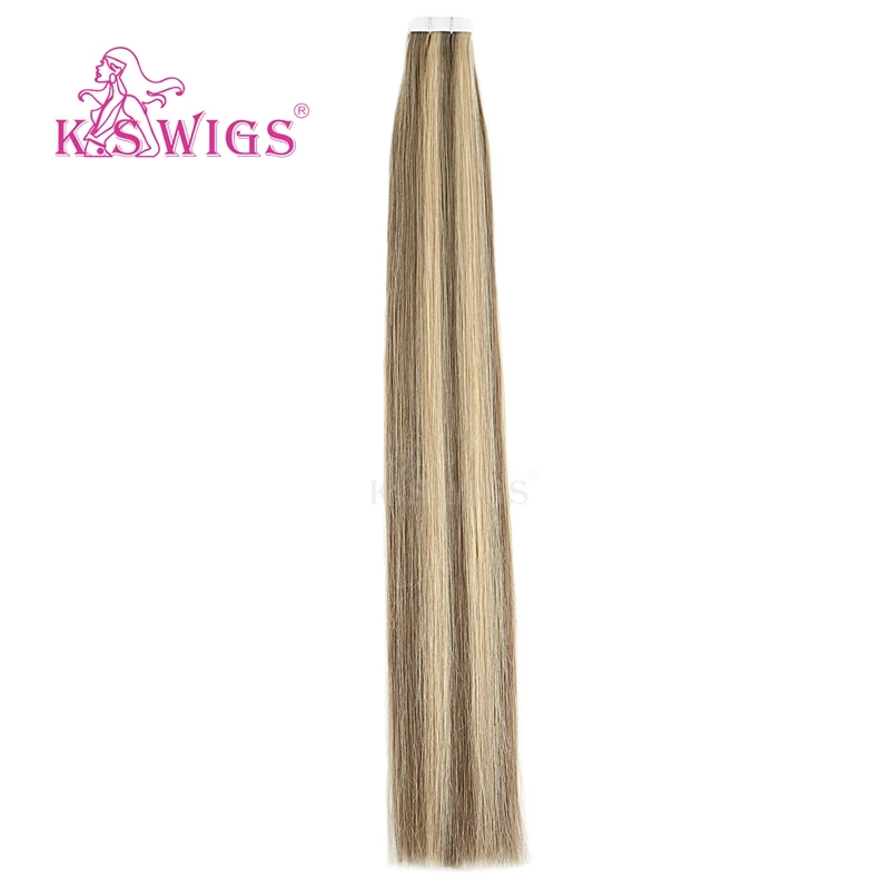 K.S WIGS Straight Tape In Remy Hair Extensions Double Drawn Skin Weft On Adhesive Piano Color 16'' 20'' 24'' - Цвет: P14-24K