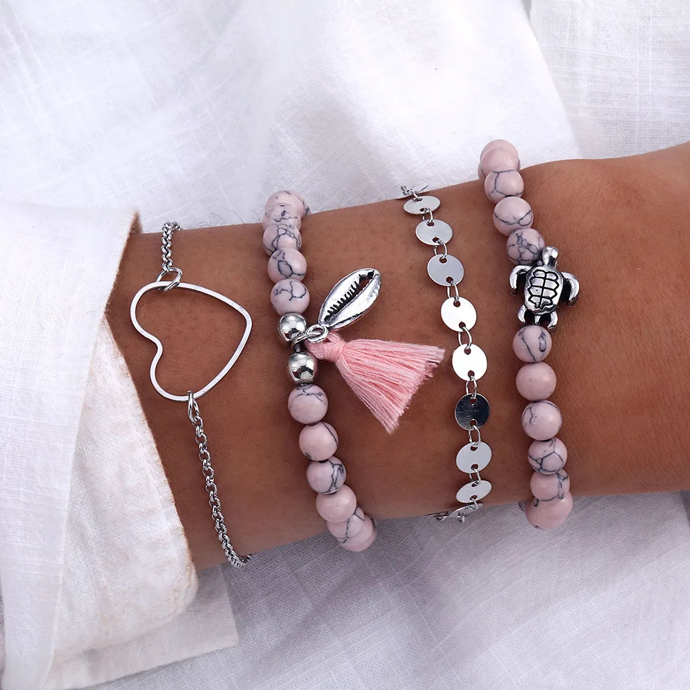 

Retro Heart Shape Bohemian Bracelet Set Women's Girl Bohemian Turtle Tassel Bracelet Charm Bead Bracelet Women Jewelry Trend