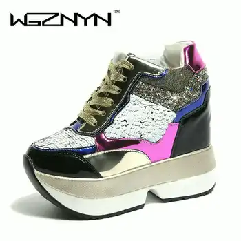 

New Woman Spring Wedge Shoes PU Leather Harajuku Shoes Colorful Bling Winter Ankle Shoes 12CM High-Heeled Platform Sneakers W705