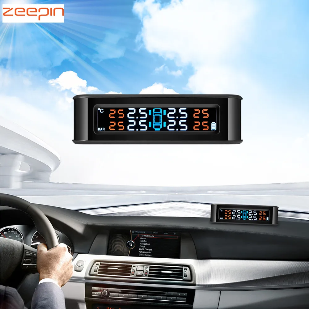 

ZEEPIN C220 Solar Powered TPMS Car Tire Pressure Monitor System Voice Broadcast TFT Color Screen with 4 External Sensors