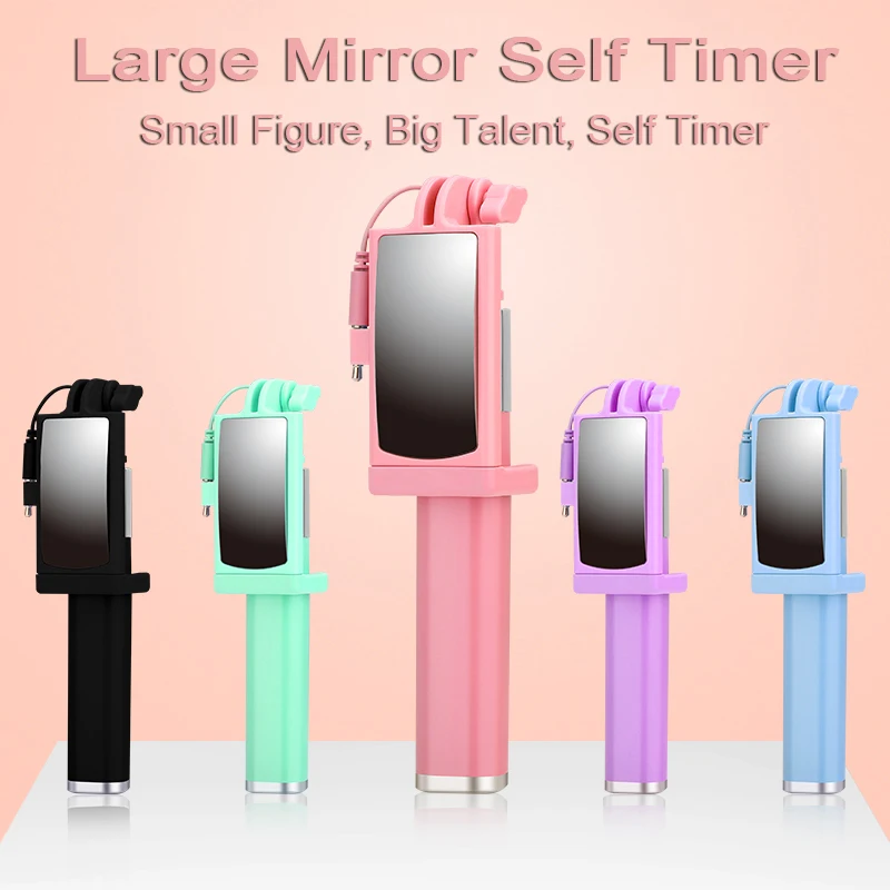 

Universal Steel 360 Rotate Mini Handheld Selfie Stick Monopod Control Button Extendable Wired Monopod selfie stick with mirror