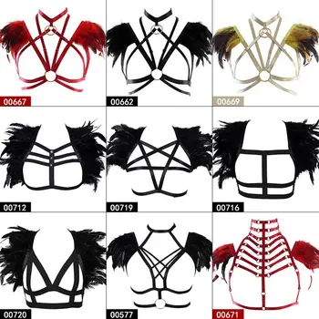 

Body Cage Crop Top Lingerie Harness Women Strappy Chest Belt Elastic Feather Epaulettes Wings Punk Goth Plus Size Dance Rave