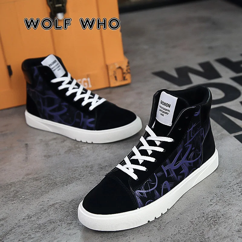 

WOLF WHO 2019 Trendy Spring Autumn Men Casual Shoes Comfortable High Top Man Shoes Flats Lace Up Male Sneakers buty meskie A-004
