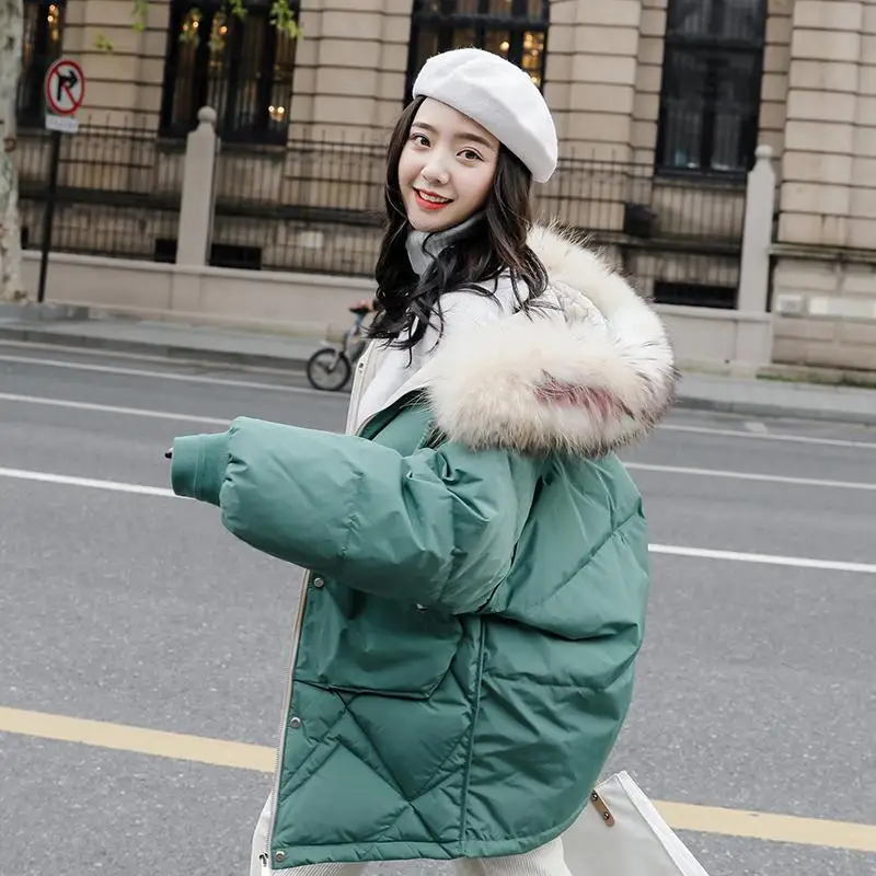 FTLZZ Women Winter Jackets White Duck Down Large Natural Raccoon Fur Hooded Parkas Warm Female Down Coat Snow Outwear - Color: Green