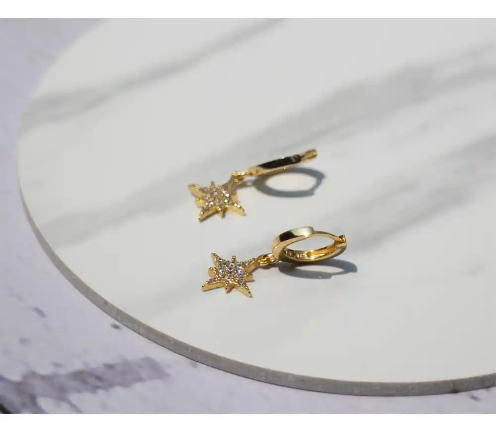 Серьги из стерлингового серебра 925 пробы, модные циркониевые Ретро Восьмиугольные звезды, короткий кулон, кольцо с капельками, простой трен...