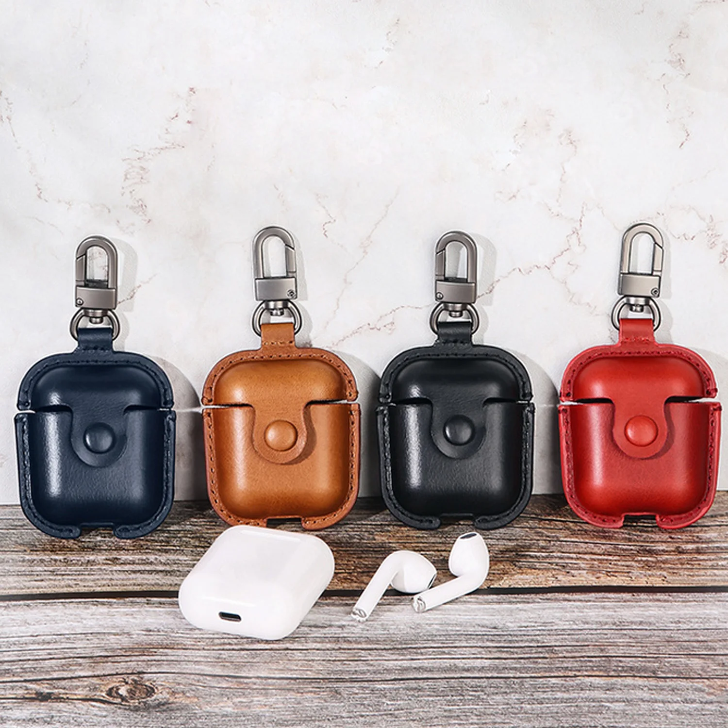

Vococal Portable PU Leather Shockproof Protective Case Cover Holder Shell Skin with Keychain for Apple AirPods 2