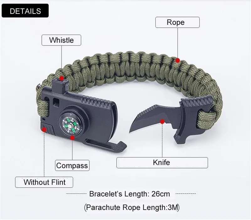 Военный аварийный плетеный браслет для выживания для мужчин и женщин Паракорд для отдыха на природе спасательная Веревка Браслеты компас свисток нож 4 в 1