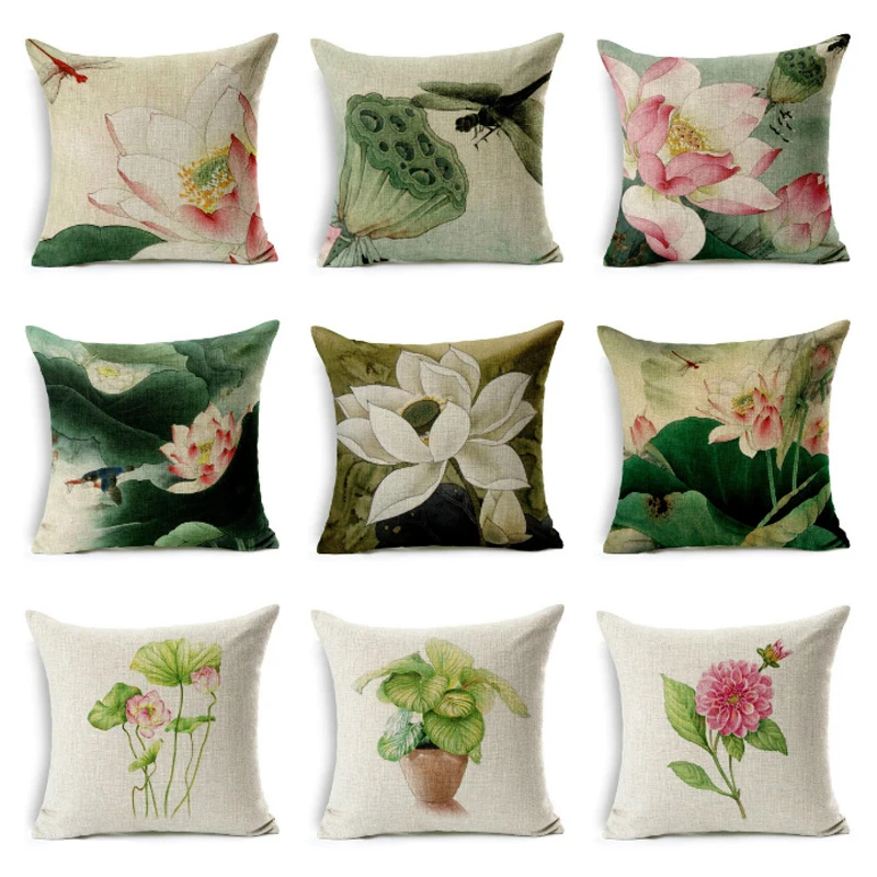 

YWZN Beautiful Lotus Printing Pillow Case Cotton Linen Simple Flower Lotus Pattern Throw Decorative Pillowcases Cover almohada