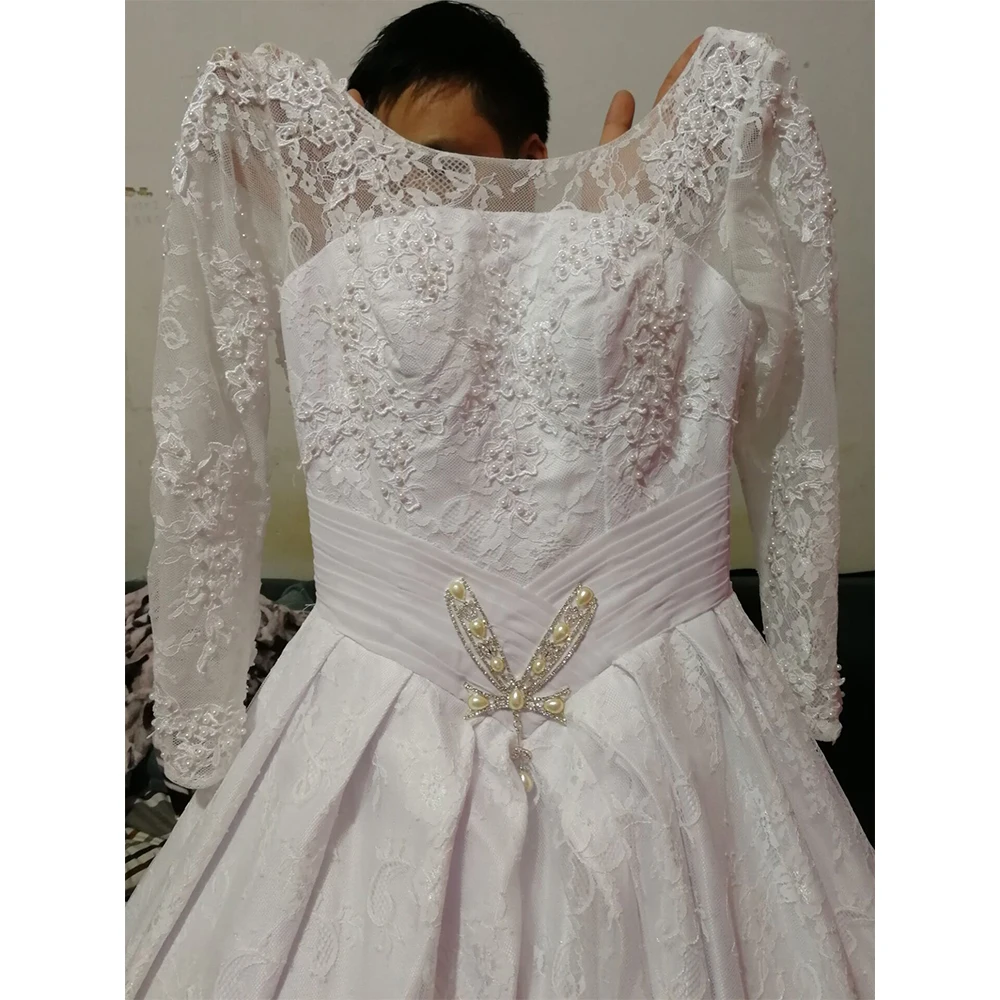 Fansmile длинный рукав кружева бальное платье Свадебные платья Vestido De Noiva под заказ Плюс Размер свадебное платье FSM-488F