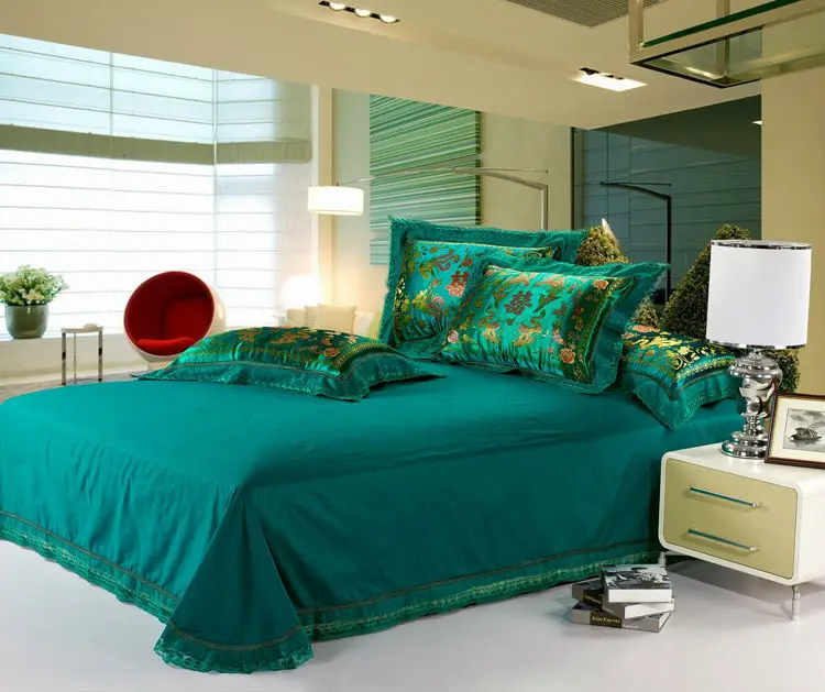 الفاخرة الأخضر طقم سرير 4 قطعة التنين والعنقاء الحرير/غطاء لحاف من القطن مجموعة ورقة مسطحة السرير لحاف الكتان الملك الملكة حجم