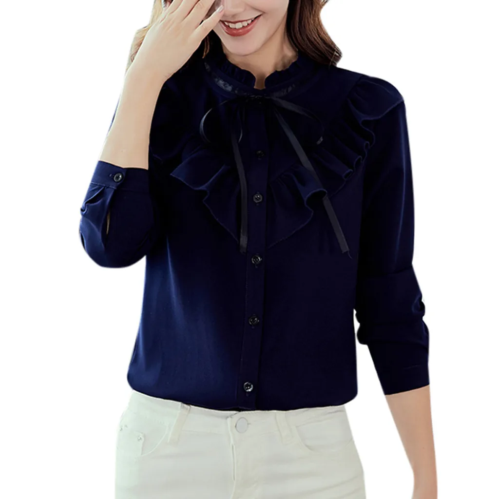 Women Chiffon Shirt 2019 Women Work Office Long Sleeve Bow Tie Ruffles Solid Chiffon Blouse Tee Shirt Top