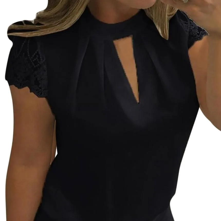 

Women Tops Chiffon Shirt Women Blouse Ruffle Short Sleeve Splice Lace Chiffon Blouse Plus Size Office Lady Summer Tops