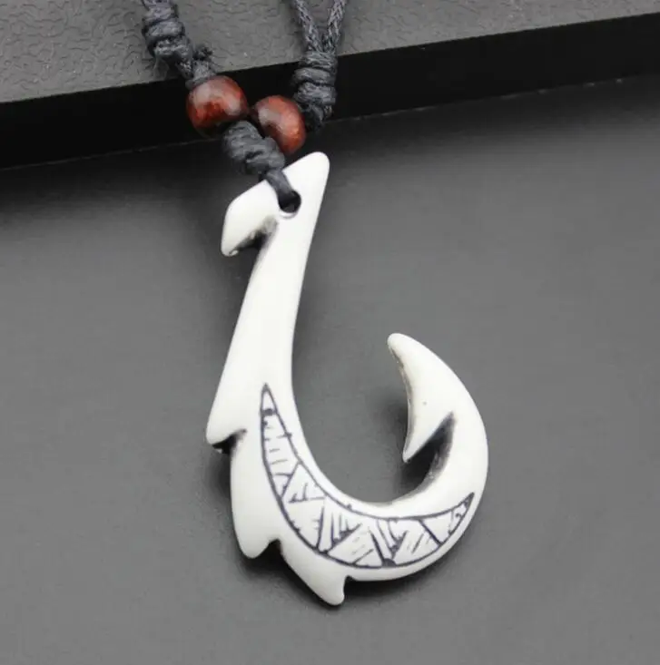 Ethnic Tribal Yak Bone White Resin Carving Maori Hook Pendant Necklace women men drop ship ok wj118