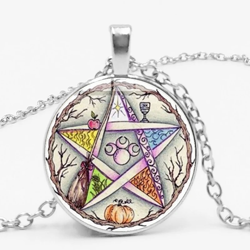 

2019 / New Esoteric Pentagram Necklace Vintage Wicca Star Tree of Life Crystal Glass Pendant Chain Necklace Handmade Artwork