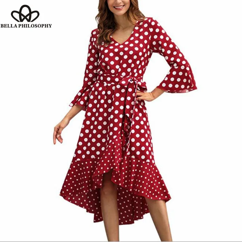 Wonder Sexy V-Neck Full Flare Midi Dress Vintage Polka Dot Female Asymmetrical Dress Casual Sashes Lady V-Neck Dress 2019 new