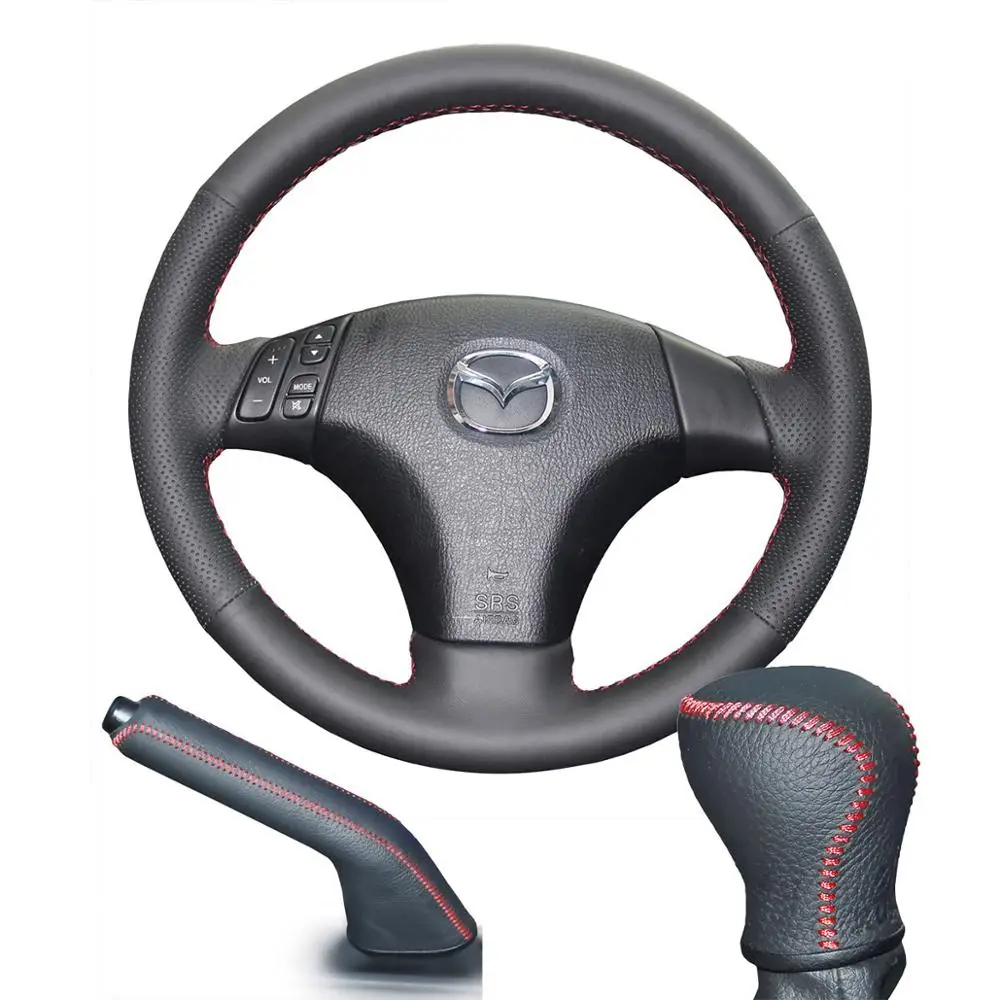 PONSNY Рулевое управление автомобиля/Шестерня/ручной тормоз чехол из натуральной кожи для Mazda 3 2008-2010 Mazda 5 6 авто ручная работа черный чехол - Название цвета: 3PCS SET Red lines