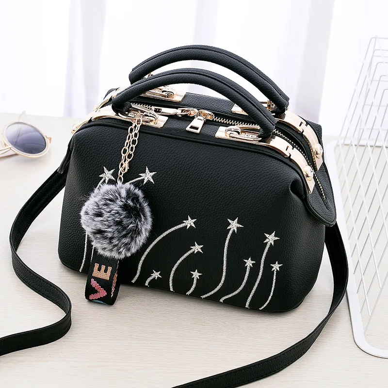 

Hairball Women Handbags Tassel PU Leather Totes Bag Top-handle Embroidery Crossbody Bag Shoulder Bag Lady Simple Style Hand Bags