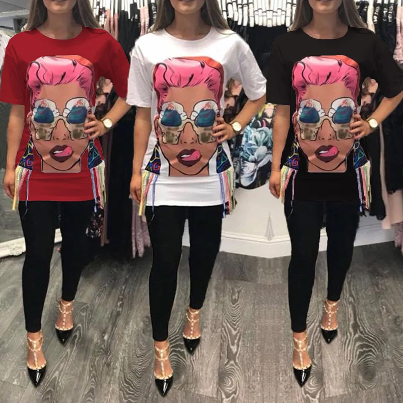 2018 Summer Funny T Shirt Print Cartoon Head Women Ice Cream Pattern Tassel 3d Top T-shirt Casual O-Neck Short Sleeve Tshirt Tee Tops