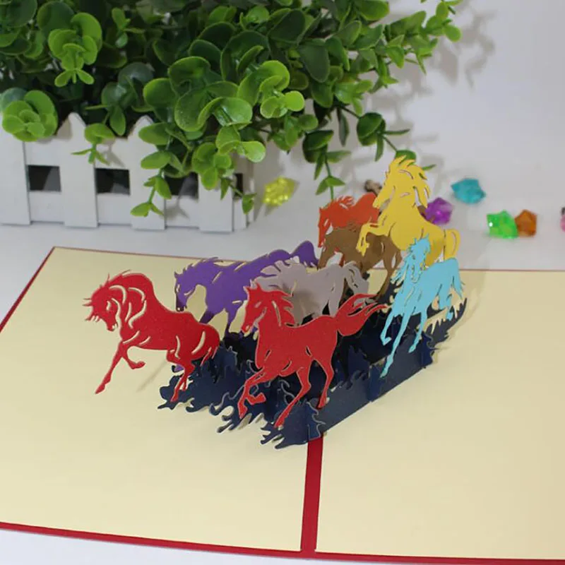 3D лазерная резка ручной работы искусство каллиграфии красочные скачущие лошади бумага Пригласительные открытки бизнес-подарок