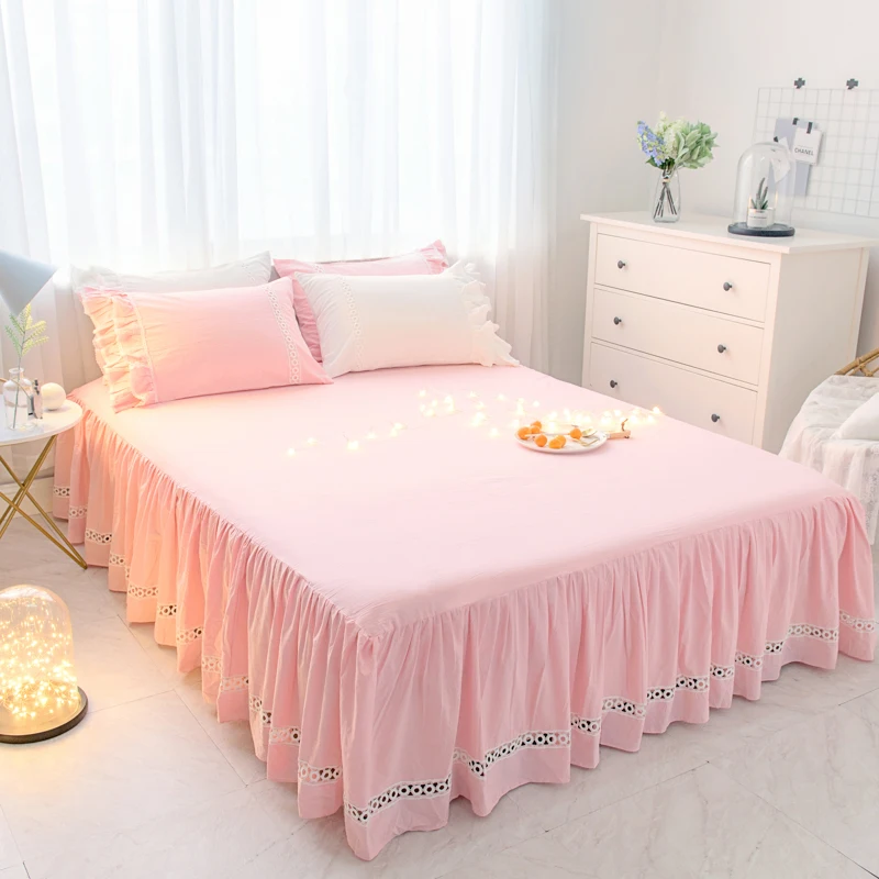 buy 100% Cotton Pink Princess Bed sheet Pillowcase Double Queen King Size 1 3pcs Solid Color Mattress Cover Girl edspread Bed Skirt