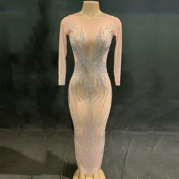 

Women Sexy Net Yarn Long Dress Sparkling Rhinestones Nightclub Party Dancer Singer Stage Wear Performance Dance Costumes DJ DS