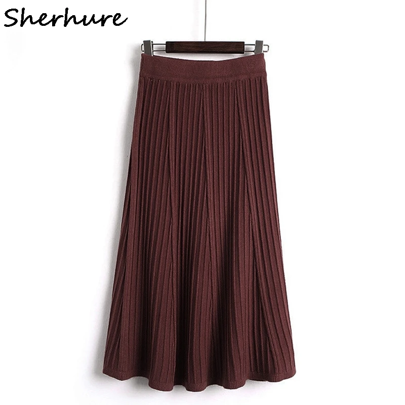 

2018 Winter Women Knitted Long Skirts High Waist Women Winter Thick Long Skirts Black Brown Casual Skirt Female Saia Faldas