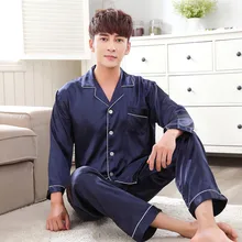 Атласная Шелковая пижама длинная для мужчин Осенняя Пижама мужской пижамный комплект мягкая ночная рубашка для мужчин Пижама для сна большой размер M-3XL