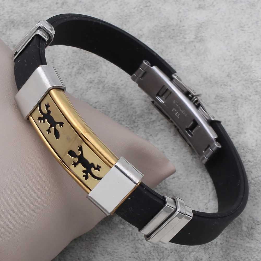 

punk black silicone bracelet cool men jewelry steel clasp bracelets bangles gecko charm Gold-color tag tainless steel bracelet