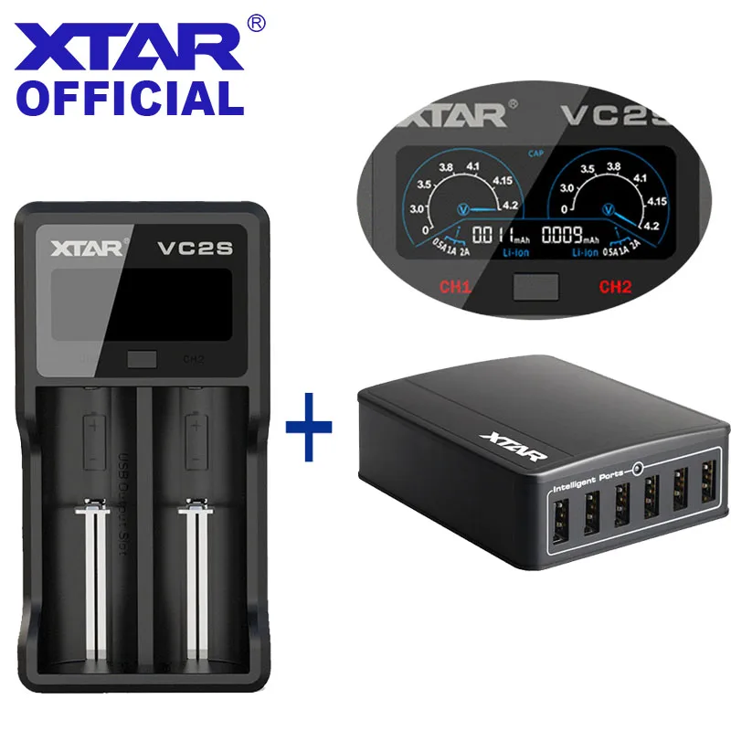 

XTAR VC2S Battery Charger 2 Slots A AA AAA Li-ion IMR INR ICR USB Chargers LCD Smart Quick Charging With XTAR U1 Adapter Charger
